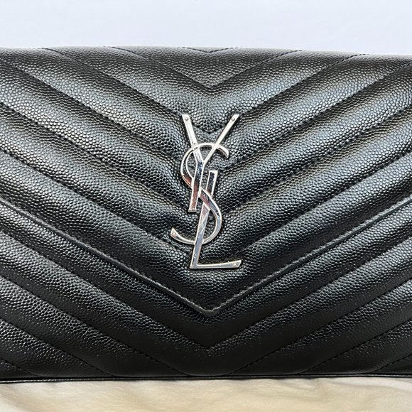YSL Saint Laurent MONOGRAM CHAIN WALLET | BLACK GRAIN DE POUDRE EMBOSSED LEATHER - Picture 2 of 16